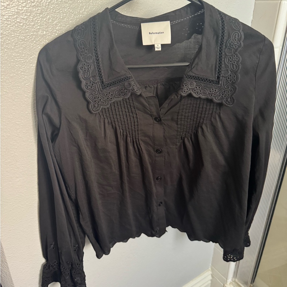Reformation Charcoal Lace Detail Blouse